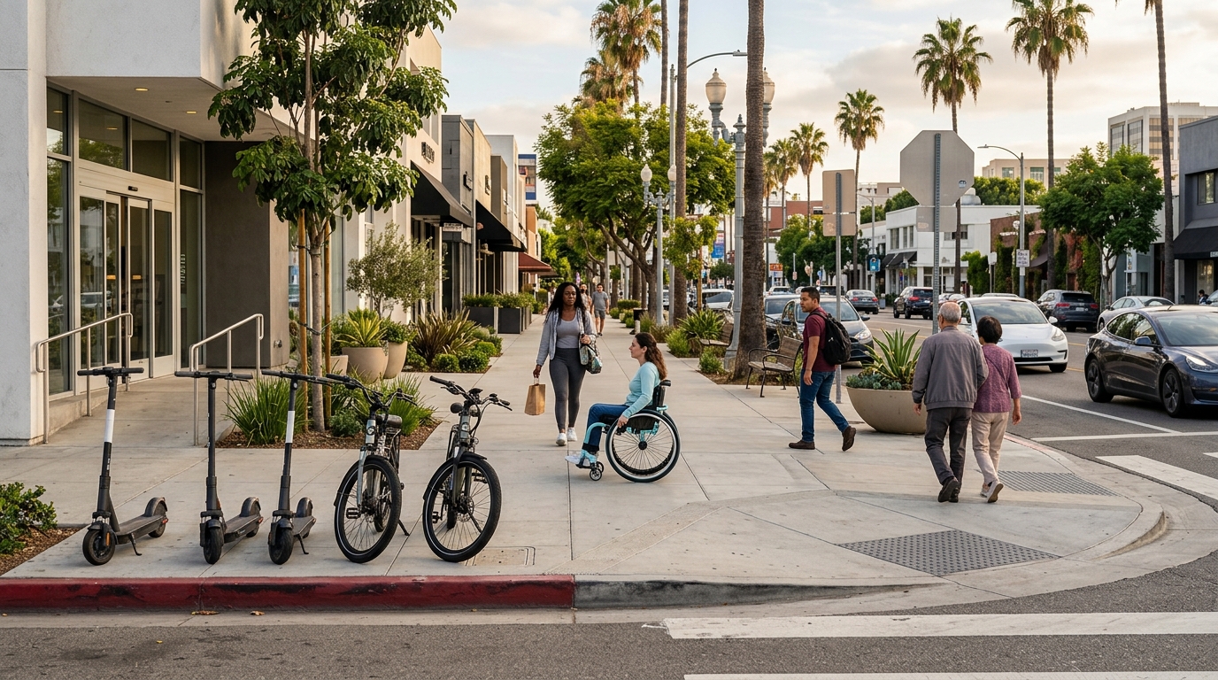 Accessible sidewalk beside properly parked scooters in West Hollywood