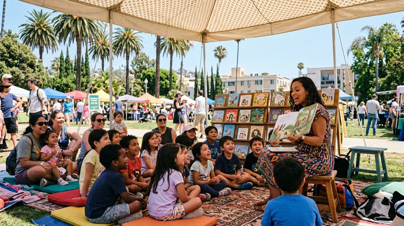 Children enjoying a book reading at a West Hollywood family festival
