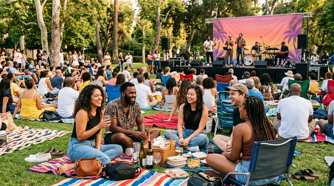 Crowd enjoying free live music at Plummer Park in West Hollywood