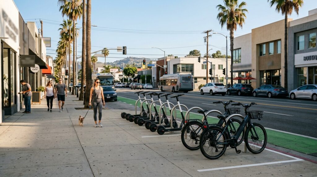 E-bikes and e-scooters parked safely in West Hollywood
