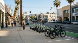 E-bikes and e-scooters parked safely in West Hollywood
