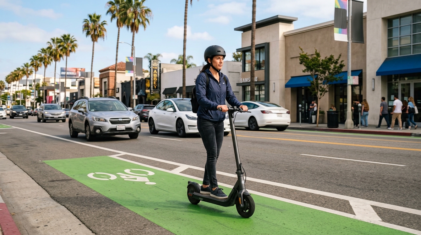 E-scooter rider using a bike lane in West Hollywood