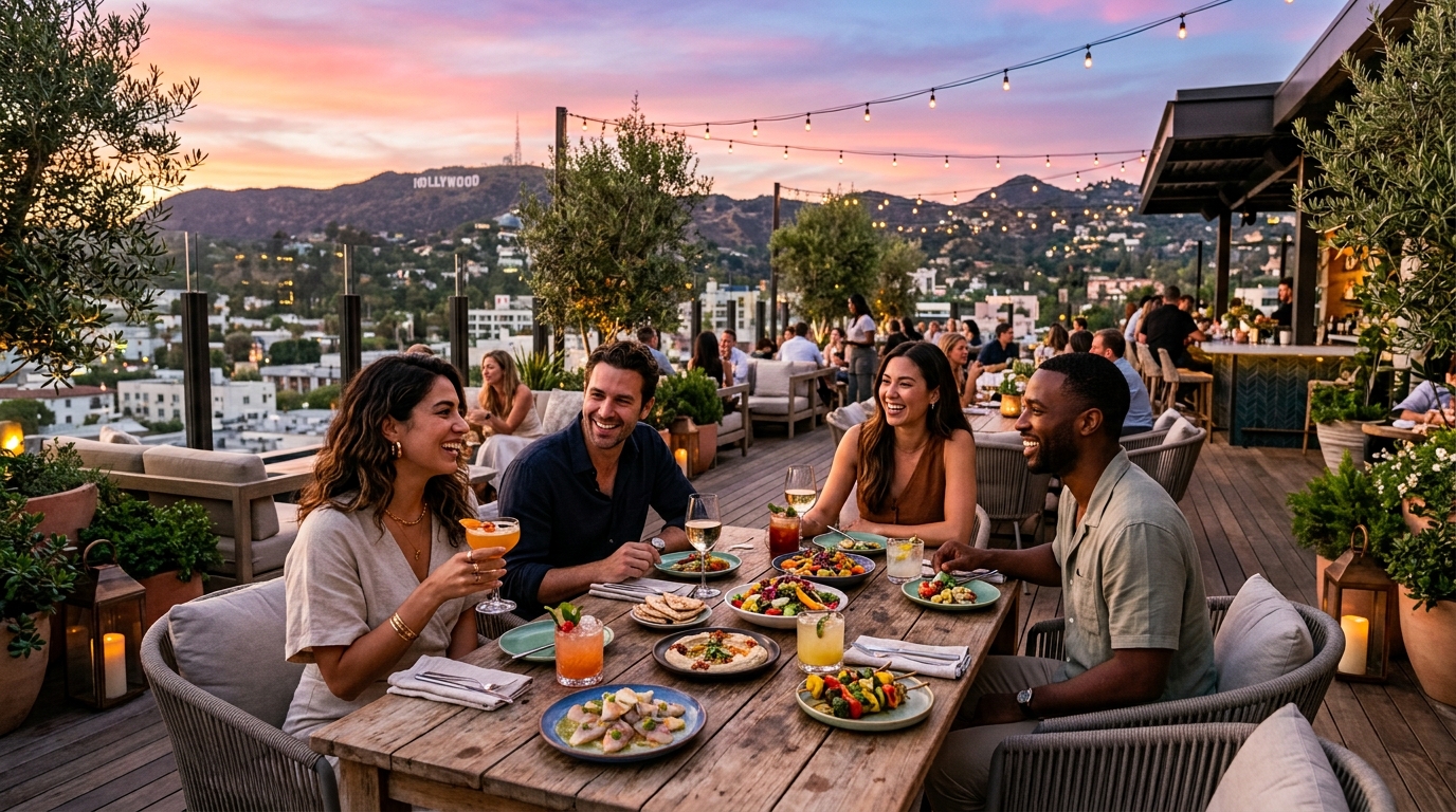 Rooftop restaurant dining in West Hollywood at sunset