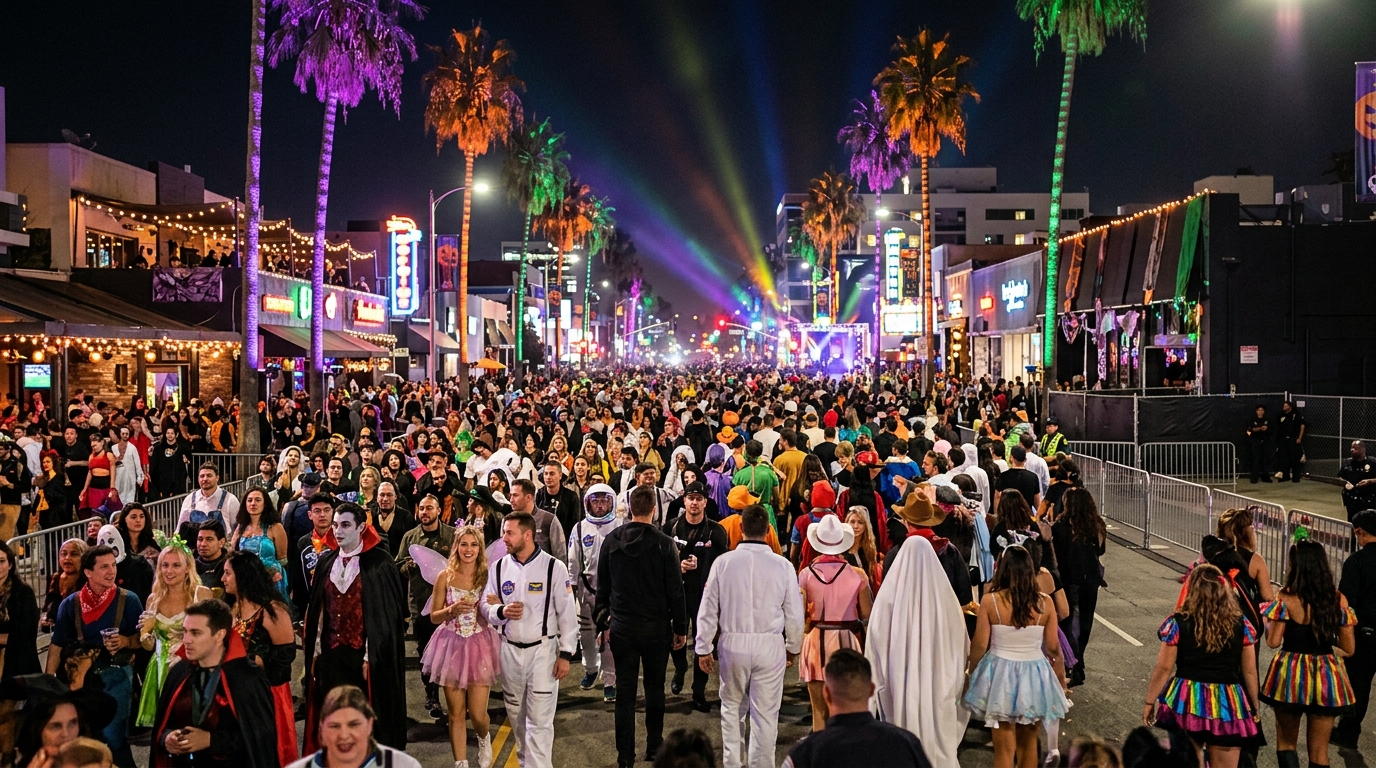 Halloween Carnaval crowd along Santa Monica Boulevard in West Hollywood